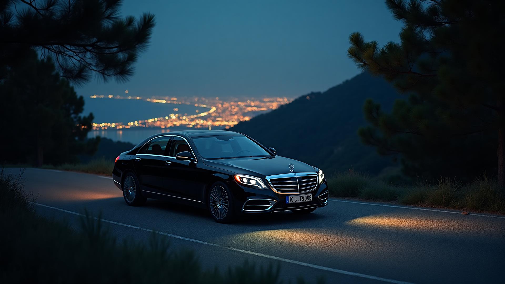 Luxury car on a mountain road at night